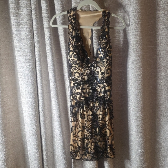 Jovani Dresses & Skirts - Jovani Black Beaded Embroidered V-Neck Mini Dress on Nude